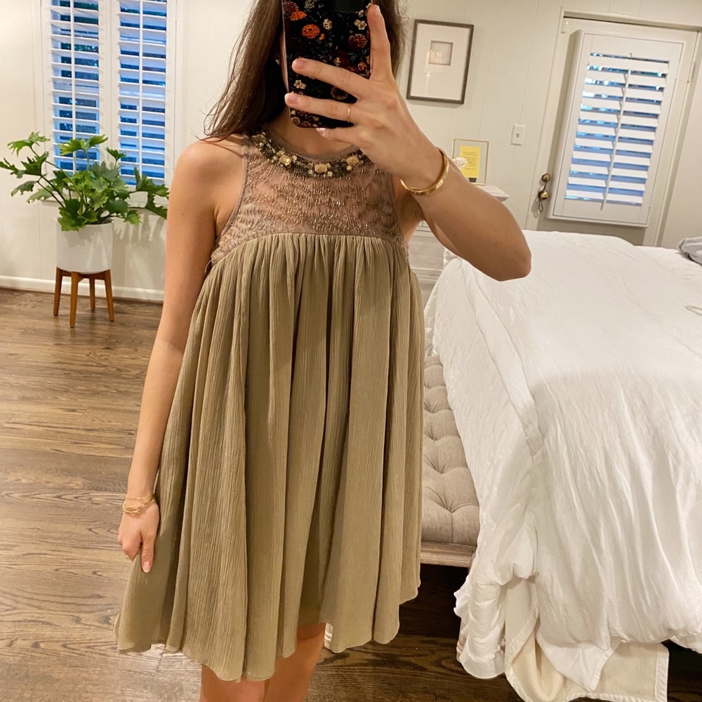 ANTHROPOLOGIE SMALL BROWN SHIFT DRESS WITH BEADING